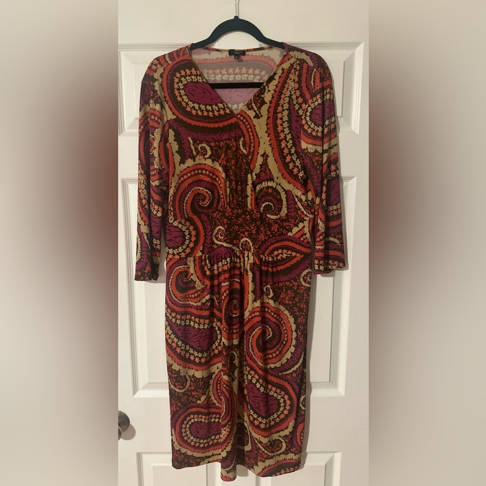 NWOT TALBOTS Dress Boho Paisley Purple Orange 3/4 Sleeve Dress. Size 12.